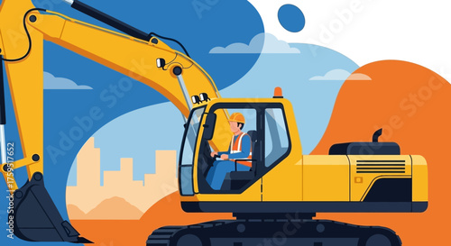 Construction worker operates a powerful excavator symbolizing industry development and building projects