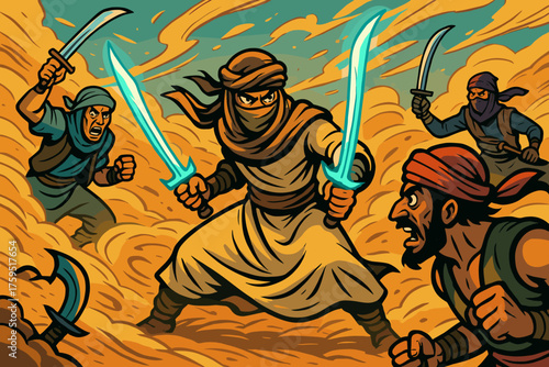 Glowing icon bandits vector swirling duel nomad swords among twin desert