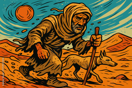 Trudging hound loyal weary nomad his vector covered traveler icon desert journey