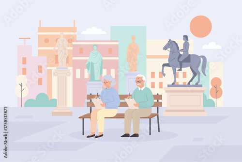 Elderly couple sketching statues in a peaceful city park enjoying a creative hobby and leisure