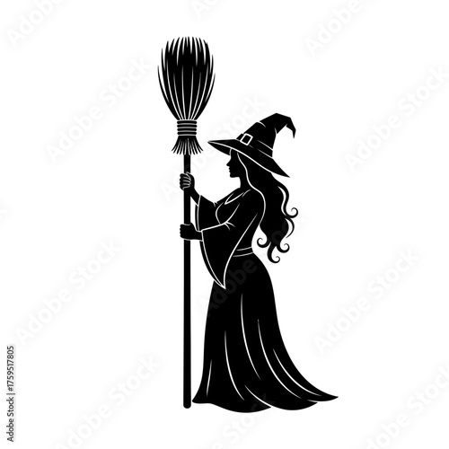 Mysterious silhouette of a witch with broomstick ready for halloween magic and spooky celebrations isolated on white background