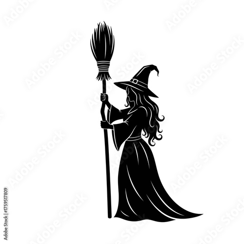 Enchanting silhouette of a mysterious witch holding a broomstick with flowing hair and a pointed hat for halloween celebrations and fantasy themes isolated on white background