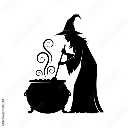 Silhouette of a witch stirring a bubbling cauldron emitting swirling steam creating a magical halloween atmosphere for spooky celebrations and costume parties isolated on white background