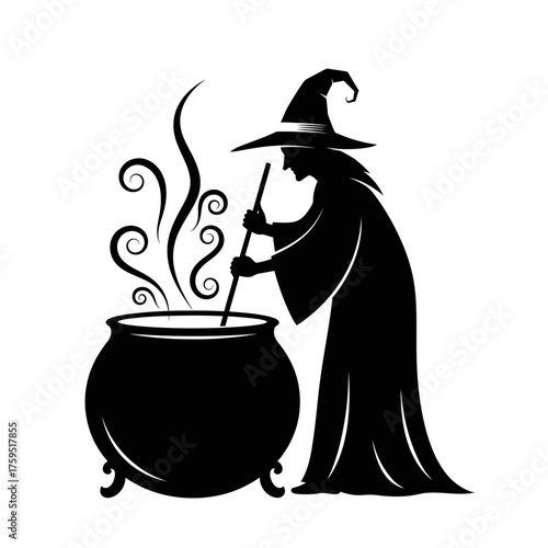 Spooky witch brewing potion in cauldron with swirling steam silhouette for halloween celebrations and mysterious occasions isolated on white background