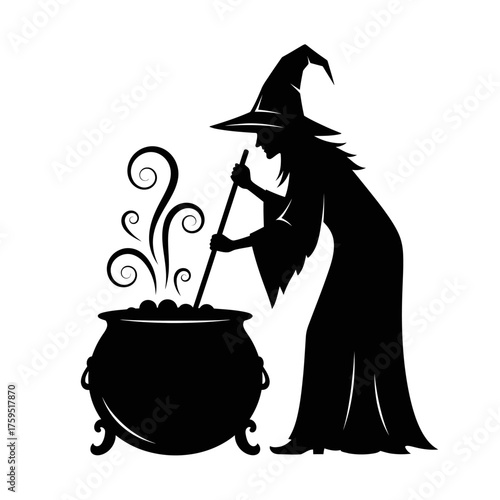 Silhouette of a witch in a pointy hat stirring a bubbling cauldron with magical steam rising creating a spooky halloween scene isolated on white background