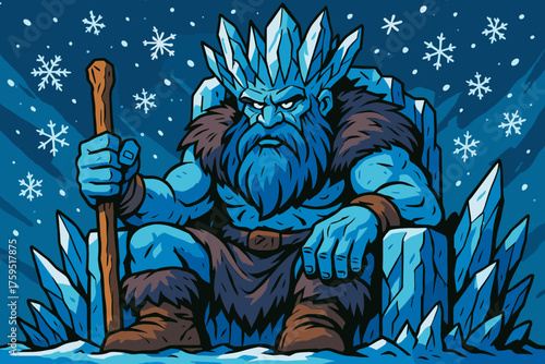 Frost seated giant head throne vector crown glaciers icy drifting icon snowflakes