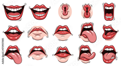 Various red lips expressions with different positions and gestures on a white background