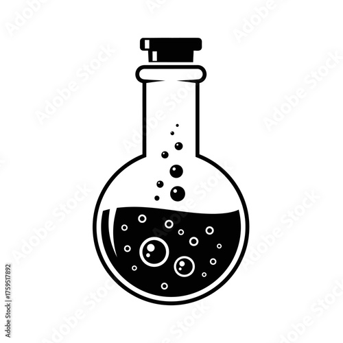 Abstract scientific laboratory glassware flask with bubbles representing chemical reaction or experimentation in a simple outline style isolated on white background