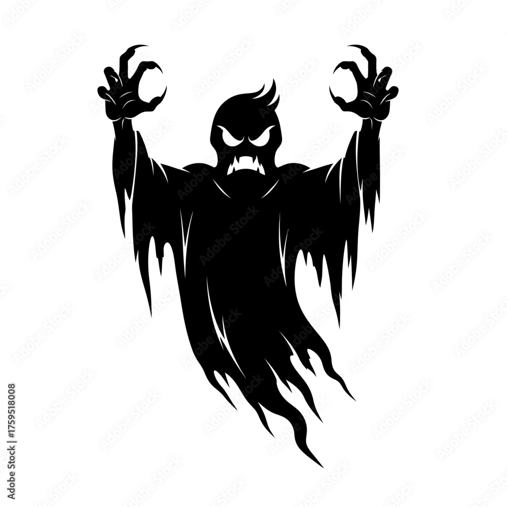Fototapeta premium Fearsome ghost silhouette with claws raised and menacing grin for spooky halloween or scary horror concepts isolated on white background