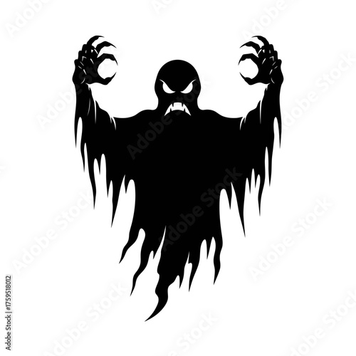 Silhouette of a terrifying spectral ghost with glowing eyes and clawed hands reaching forward against a plain background ready for halloween or horror themes isolated on white background