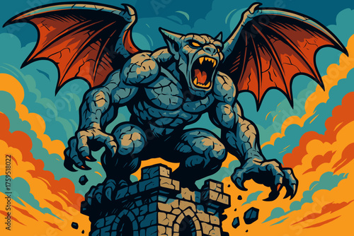Tower hulking ruined stone icon wide vector cracked wings roar gargoyle