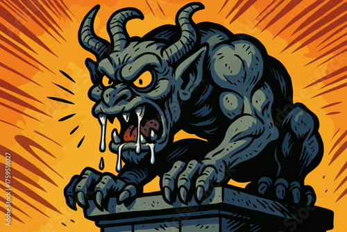 Gargoyle hunched grotesque vector comic dripping over horns from exaggerated icon