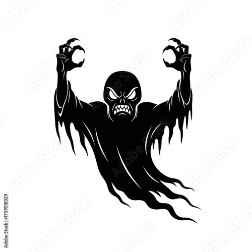 Menacing silhouette of a fierce ghost with outstretched claws ready to haunt halloween holiday spooky atmosphere isolated on white background
