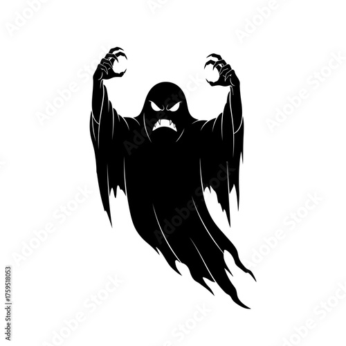 Terrifying black ghost with glowing eyes and sharp claws spooky silhouette for halloween scary supernatural creature isolated on white background