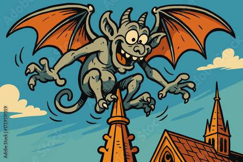 Wings goofy comical gargoyle vector awkwardly icon spire grin balancing cathedral
