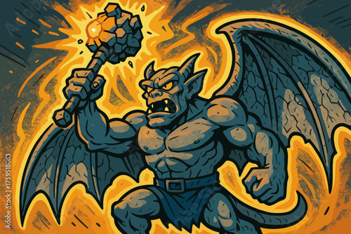 Warrior icon vector mace gargoyle massive made rubble protective stone glowing heroic