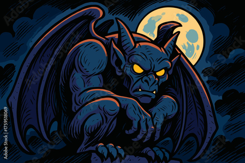 Vector icon body around its protectively wings curled lurking gargoyle moonlight moonlit