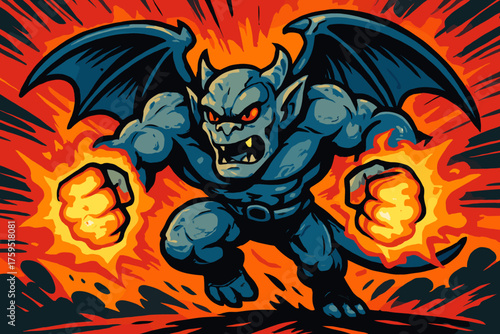 Glowing charge mystical battle icon charging into comic vector fists gargoyle