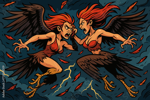Each icon stormy across background harpy twin vector fighting other battle dueling