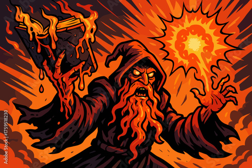 S magma lavawizard raising icon from vector fiery explosive flaming magic spellbook