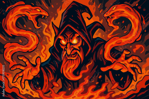 Serpents fiery lava unleashed eyes him sorcerer summoning sinister icon wizard molten