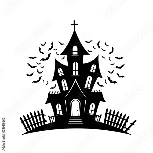 black haunted house with bats halloween design clip art preview