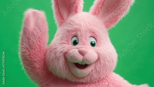 A cheerful and friendly pink rabbit character in a fluffy costume greets the camera with a wave, isolated against a chroma key green screen background