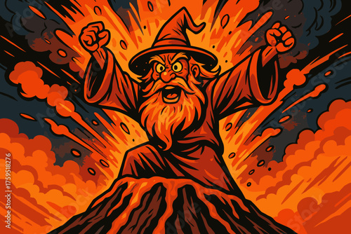 Raising arms lavawizard as icon both volcano s vector fiery explodes