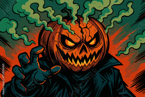 Eerie sinister icon smoke pumpkinhead villain billowing from cracked glowing vector grin