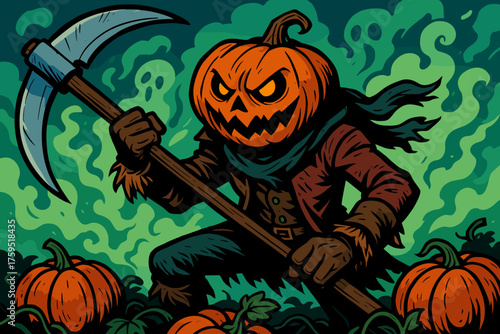Vector ghostly icon carrying scythe surrounded pumpkinhead mistscape from mist hunter