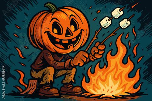 Roasting fiery s his marshmallows pumpkinhead own icon pumpkin vector smiling cartoon