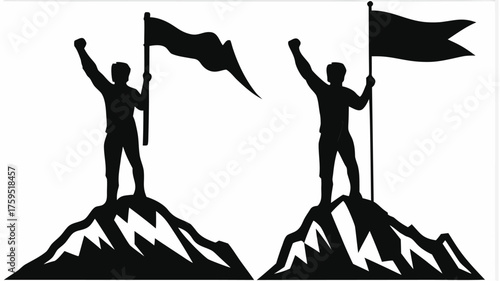 Triumphant silhouette of a person victoriously planting a flag at the summit, achieving ultimate success
