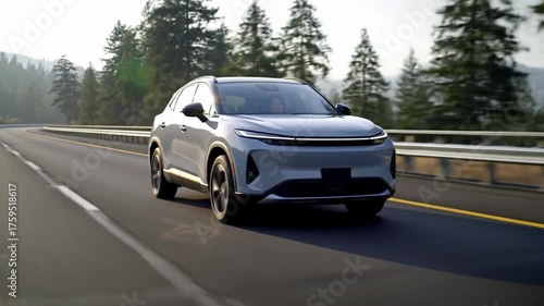 A sleek, pale silver metallic crossover suv glides silently on a pristine multi-lane highway, framed by guardrails and a dense evergreen forest at golden hour with a lens flare. Open road travel