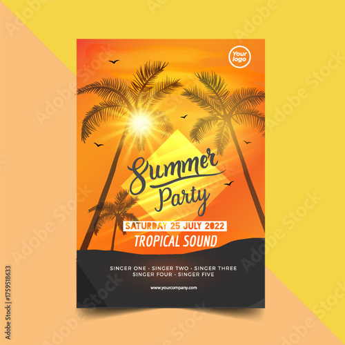 Summer party music poster template. Electro style concert disco club party event flyer invitation	