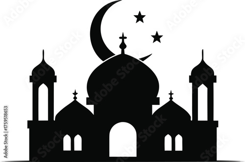 Silhouette of a mosque with stars and moon silhouette