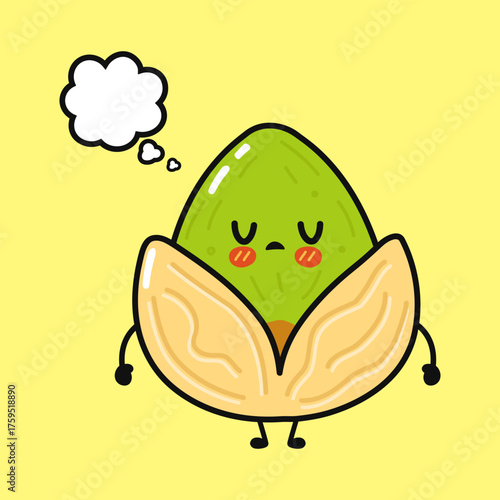 Cute sad pistachio character thinking with bubble