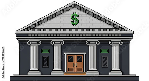 Pixel art style image of a stately building façade, embellished with fluted columns and dollar sign