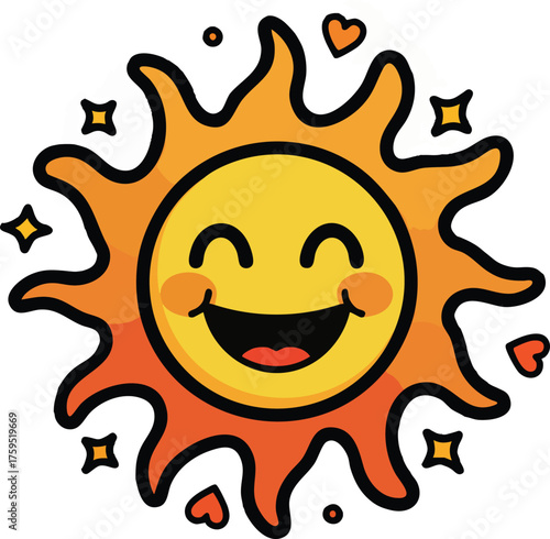 Happy smiling sun with radiant rays and cheerful expression in vibrant colors.