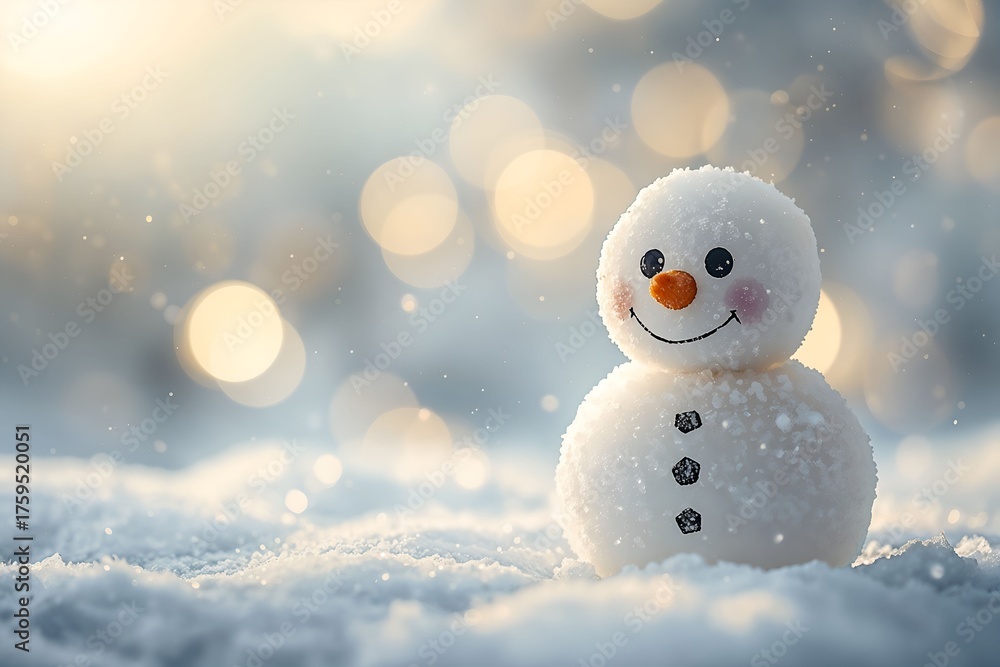 Obraz premium Smiling snowman standing in soft morning light with snow and glowing bokeh background, symbolizing joy, peace, and winter wonder.