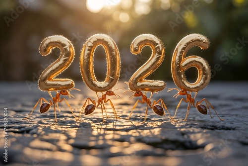 Creative macro shot of ants carrying shiny golden 2026 numbers on a stone surface in warm sunlight. Symbol of teamwork, progress, determination, and collective effort for the new year.