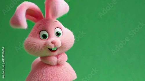 Cute fluffy pink bunny with big eyes and a friendly smile against a vibrant green background