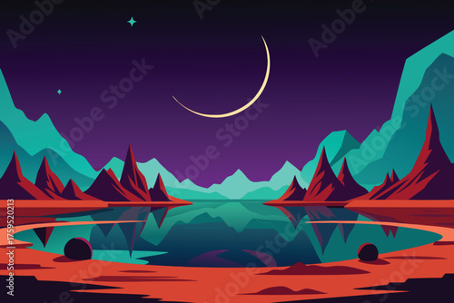 Futuristic Landscape with Crescent Moon and Mountains Reflected in Lake – Minimalist Night Sky Vector Illustration