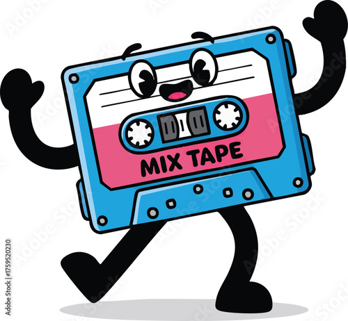 Cartoon cassette tape character with arms and legs dancing and smiling.