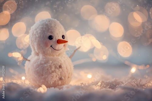 Cute snowman with a carrot nose and twig arms, surrounded by warm bokeh lights on a snowy background. Whimsical winter holiday concept.