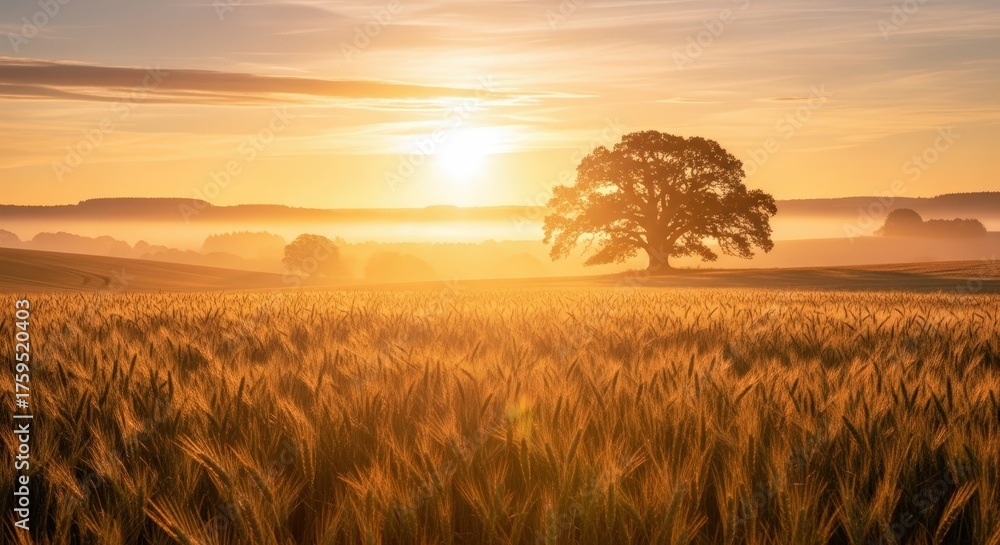 Fototapeta premium Golden sunrise over a wheat field with a lone oak tree silhouetted against the glowing sky.