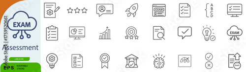 Exam & Assessment Icon Set – 24 Line Style Symbols for Testing, Evaluation, and Academic Performance