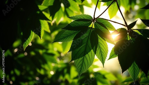 Silhouetted leaves glowing with backlight, vibrant green hues,   flora,   detail