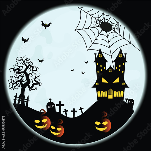 A Spooky Castle On A Hill Decorated With Halloween Pumpkins And Graves On A Full Moon Night