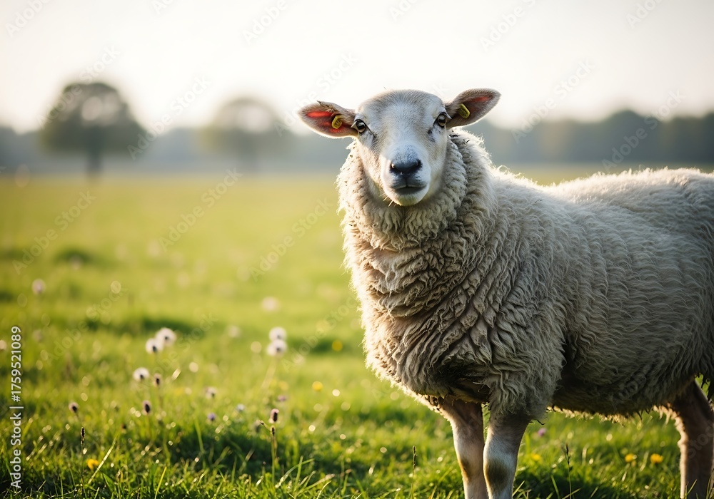 Fototapeta premium A single white sheep with a thick woolly coat stands in a sunlit green pasture looking at the camera.