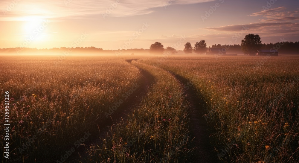 Obraz premium A winding dirt road through a misty field at sunrise, with the sun casting a warm glow.